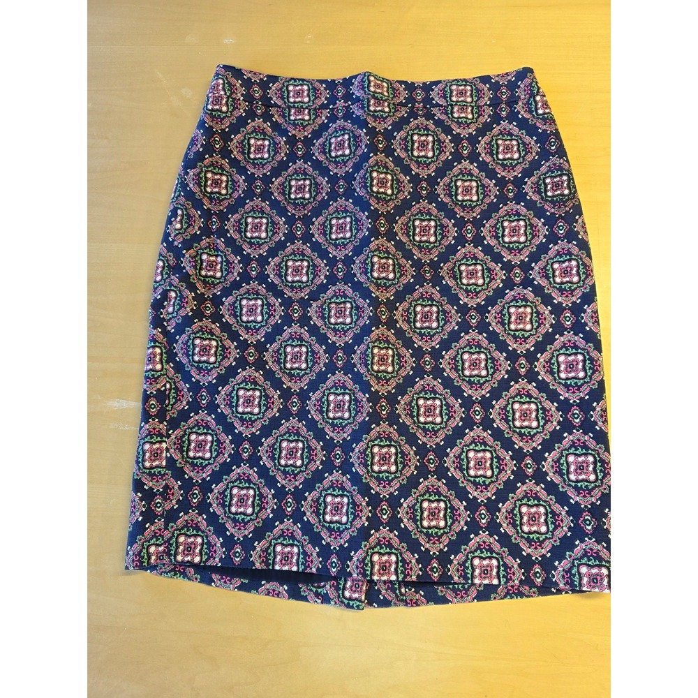 J.Crew No. 2 Pencil Skirt 4P Navy Blue Pink Green Medallion Tile Print Petite